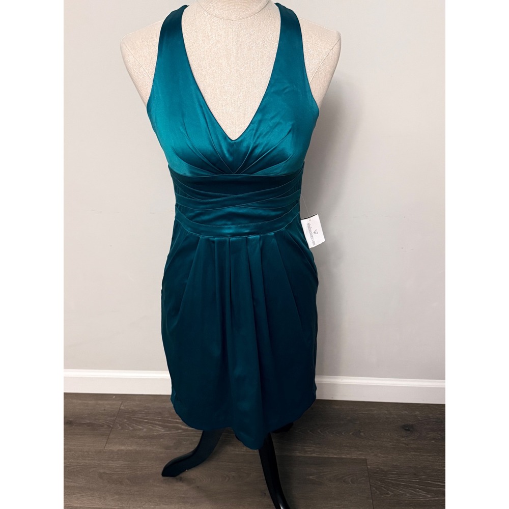 Windsor Teal Satin Cross Back Halter Cocktail Dress Size 9 NWT I31K7656-TL